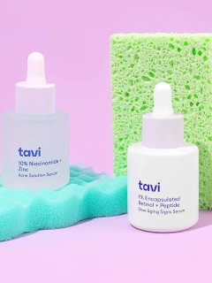 Photo produit de cosmétiques « tavi », retouche et habillage réalisés sur Photoshop et Illustrator