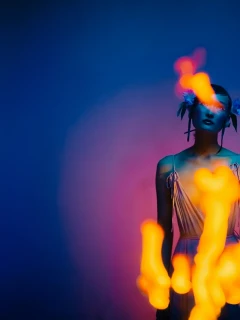 Compositing photo artistique aux néons et flammes, retouché sur Photoshop