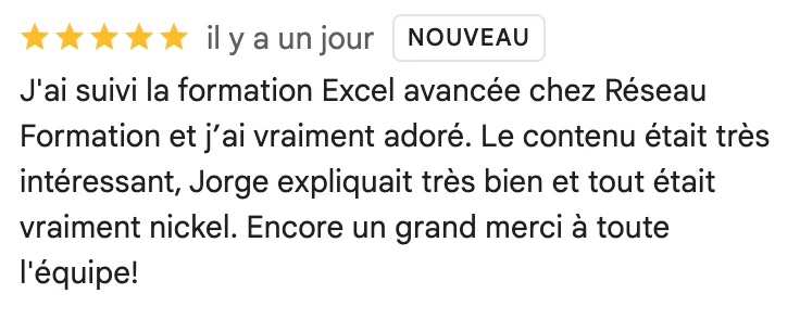 Avis Google d'un·e participant·e à nos formations