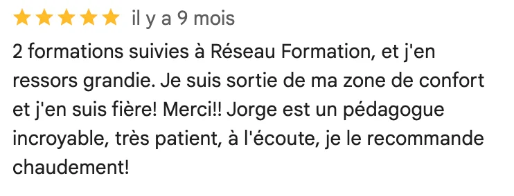 Avis Google d'un·e participant·e à nos formations