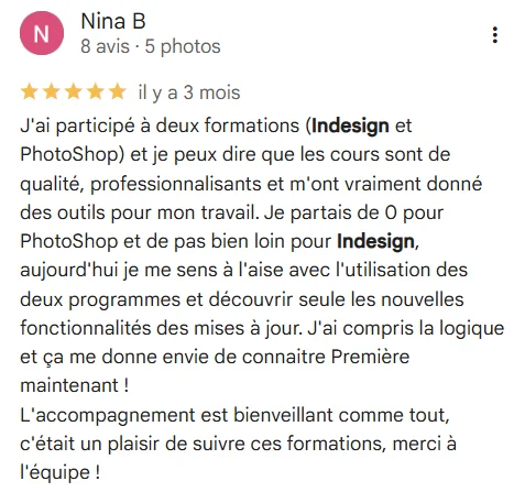 Avis Google d'un·e participant·e à nos formations graphisme