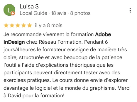 Avis Google d'un·e participant·e à nos formations graphisme
