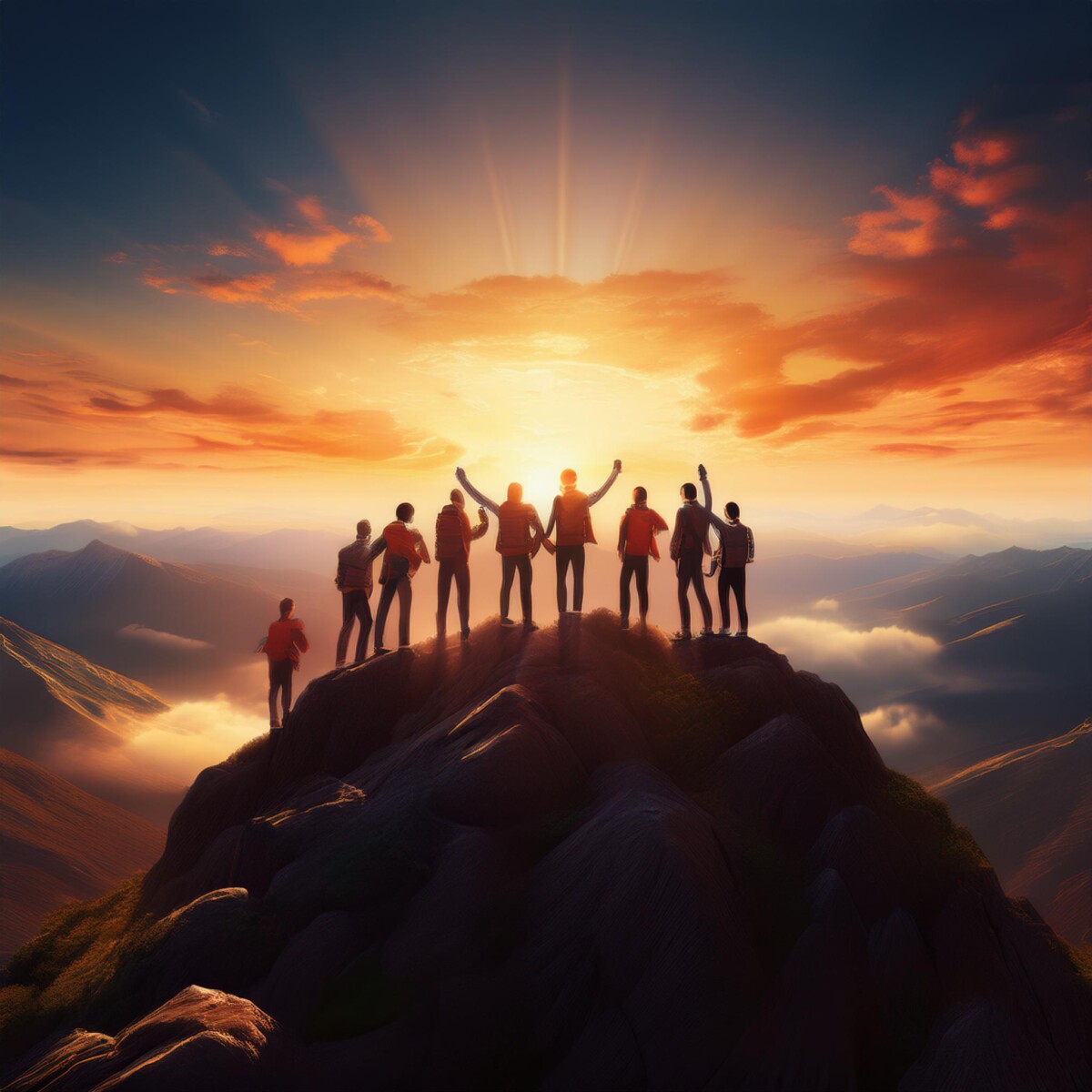 Firefly big team of people on mountain top at sunrise time; success and achievement, leadership conc